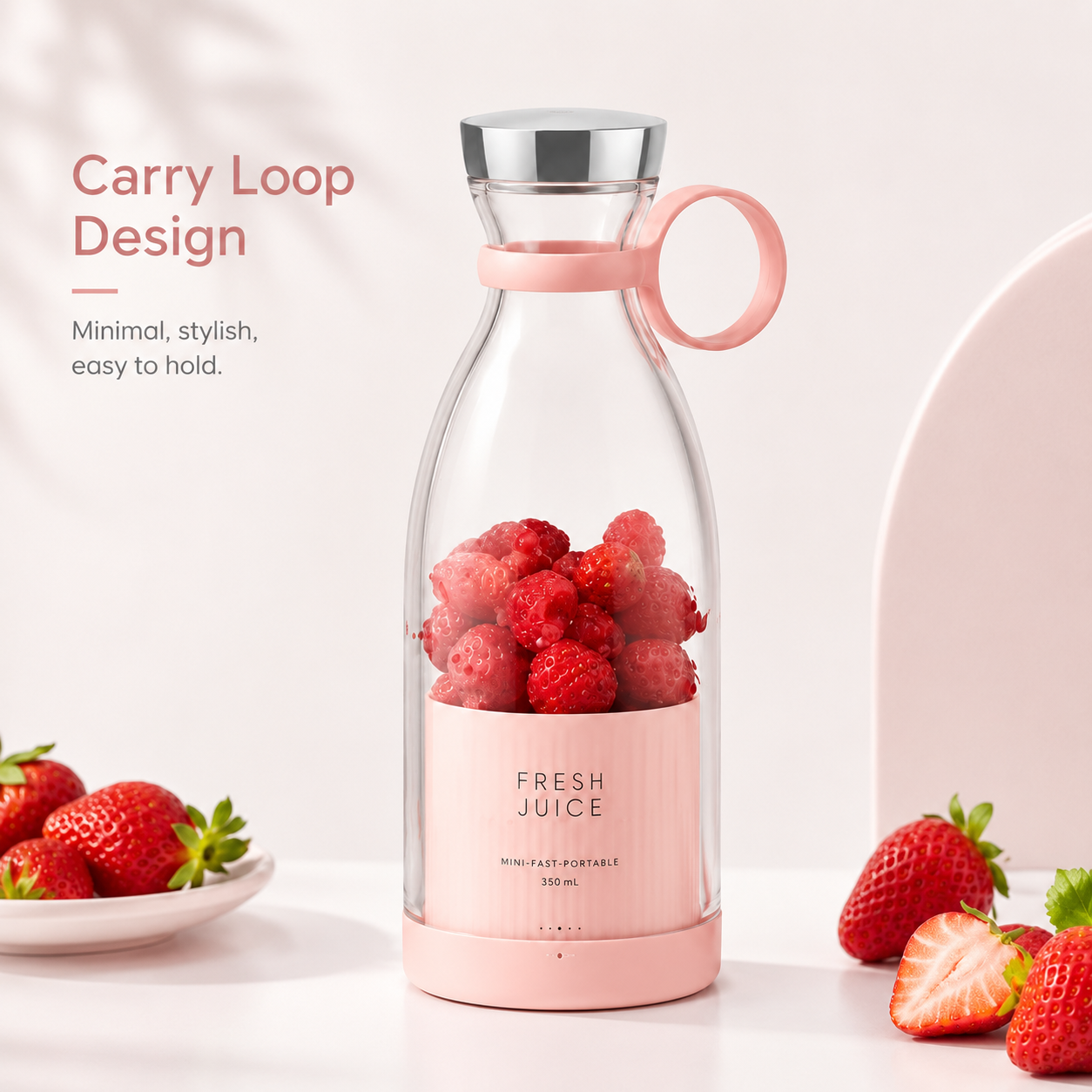 Portable Juicer Bottle 350ml Pink – Fresh Juice Cup with Carry Loop for Smoothies, Fruit Drinks & Travel