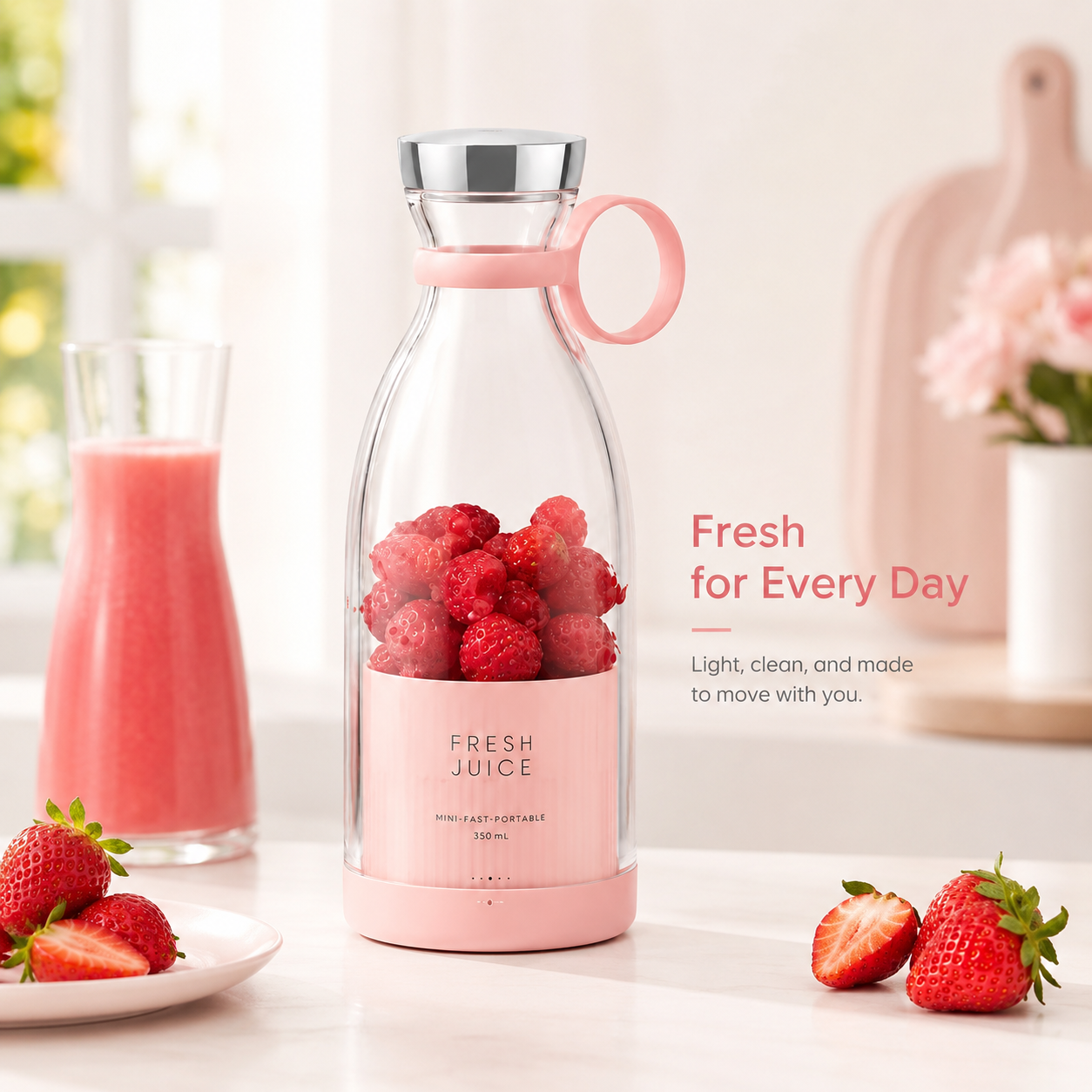 Portable Juicer Bottle 350ml Pink – Fresh Juice Cup with Carry Loop for Smoothies, Fruit Drinks & Travel