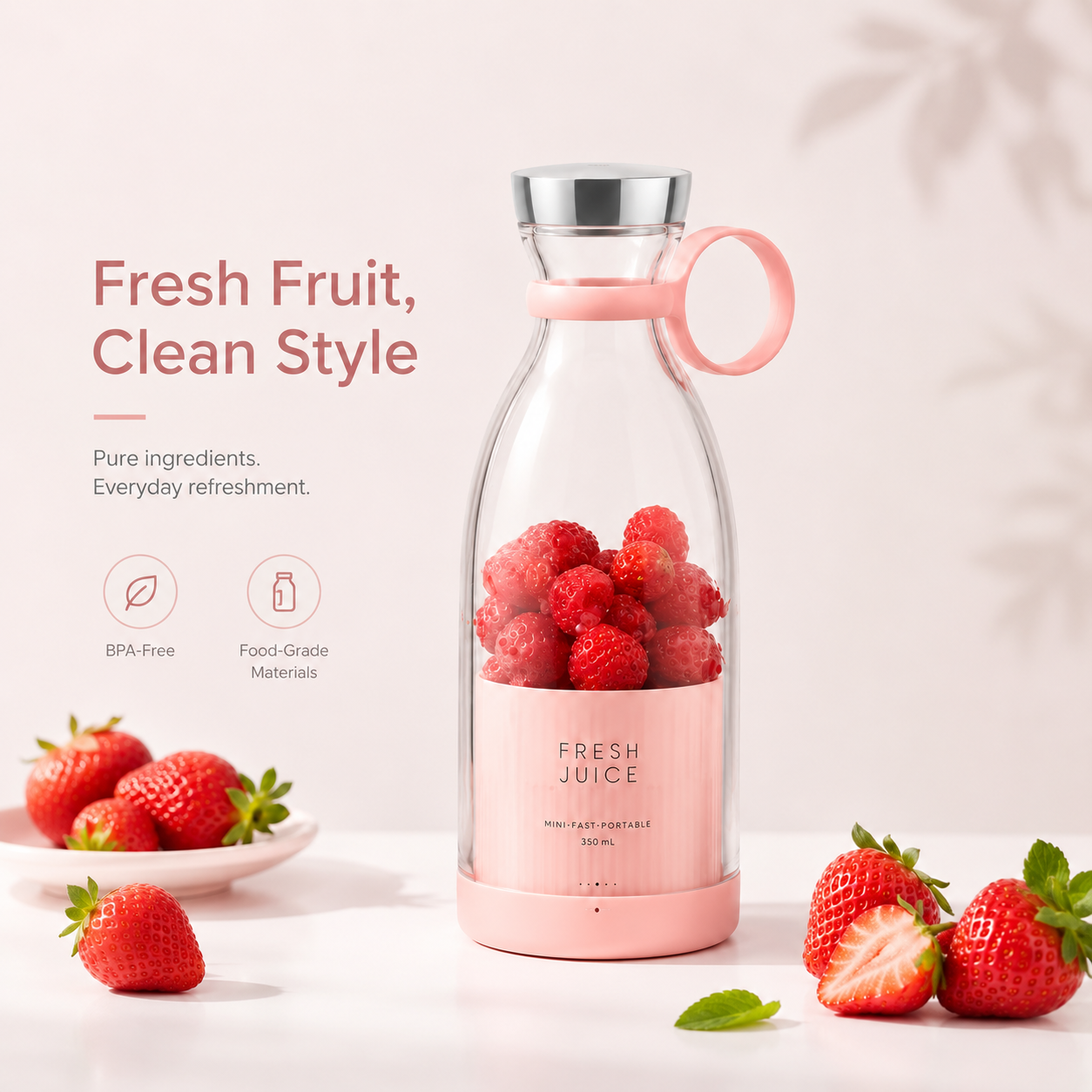 Portable Juicer Bottle 350ml Pink – Fresh Juice Cup with Carry Loop for Smoothies, Fruit Drinks & Travel
