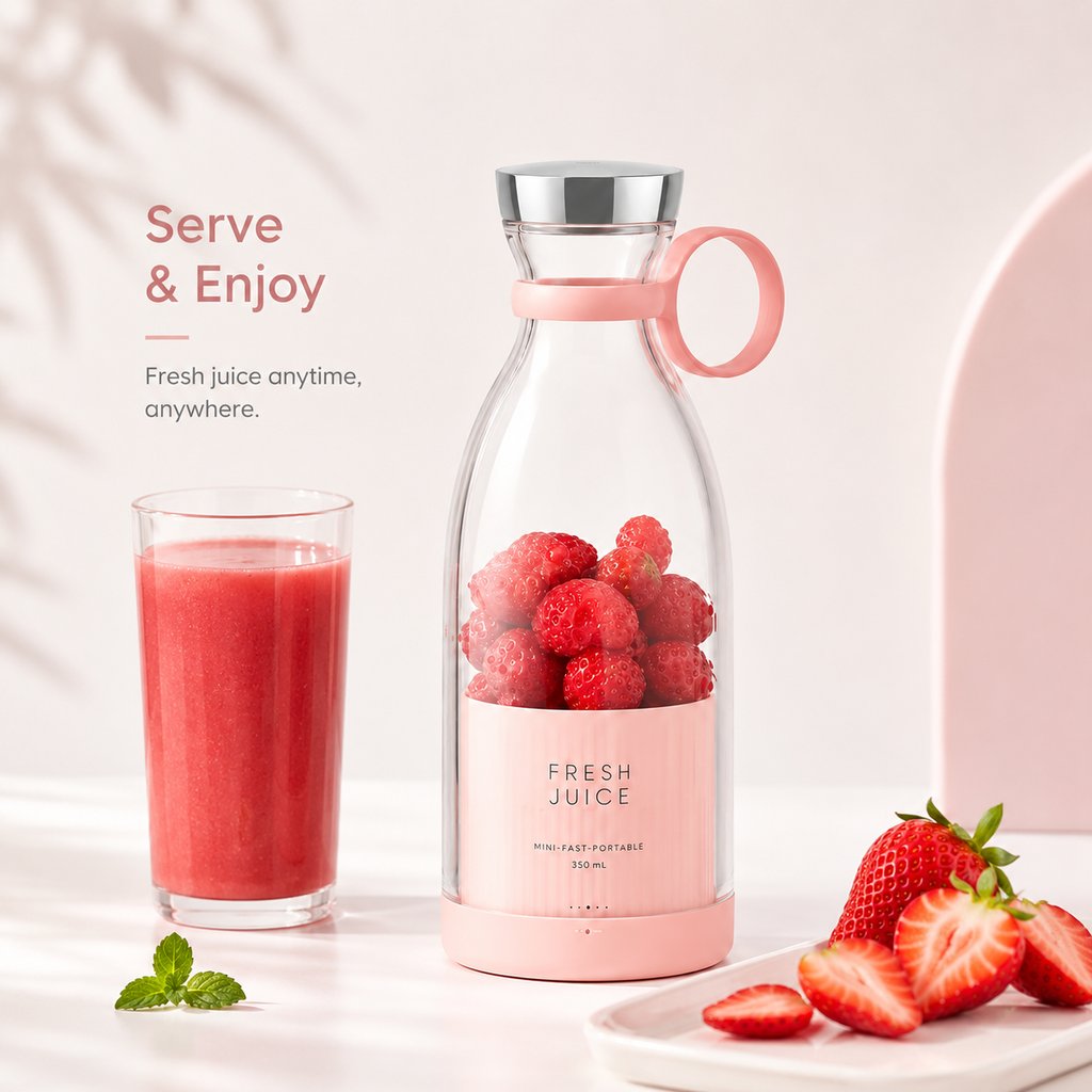 Portable Juicer Bottle 350ml Pink – Fresh Juice Cup with Carry Loop for Smoothies, Fruit Drinks & Travel