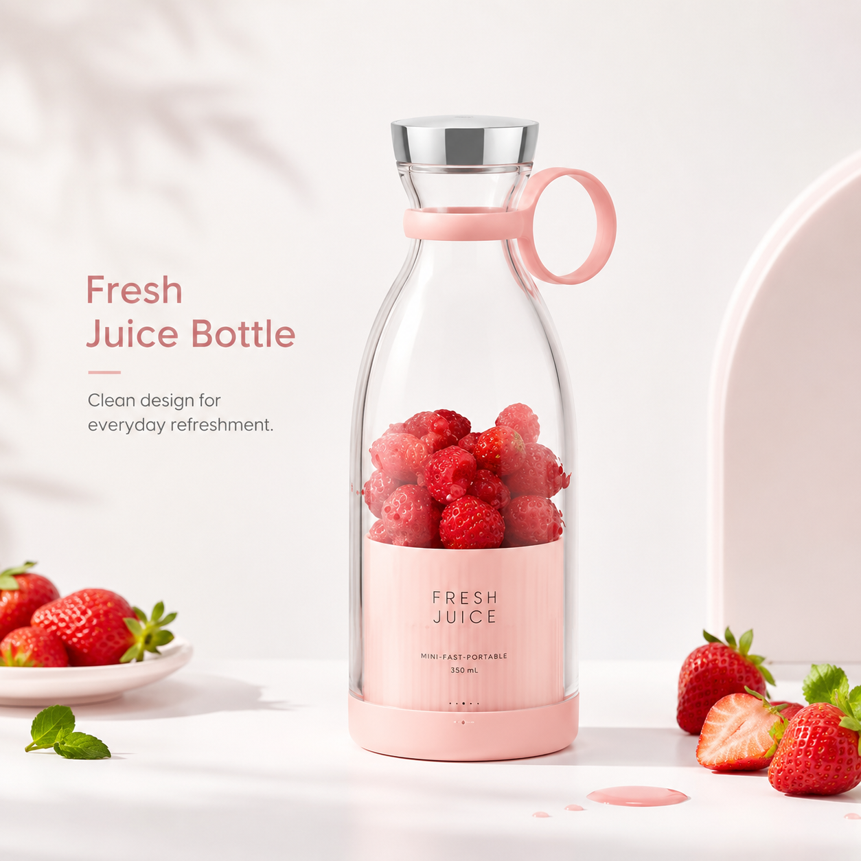 Portable Juicer Bottle 350ml Pink – Fresh Juice Cup with Carry Loop for Smoothies, Fruit Drinks & Travel