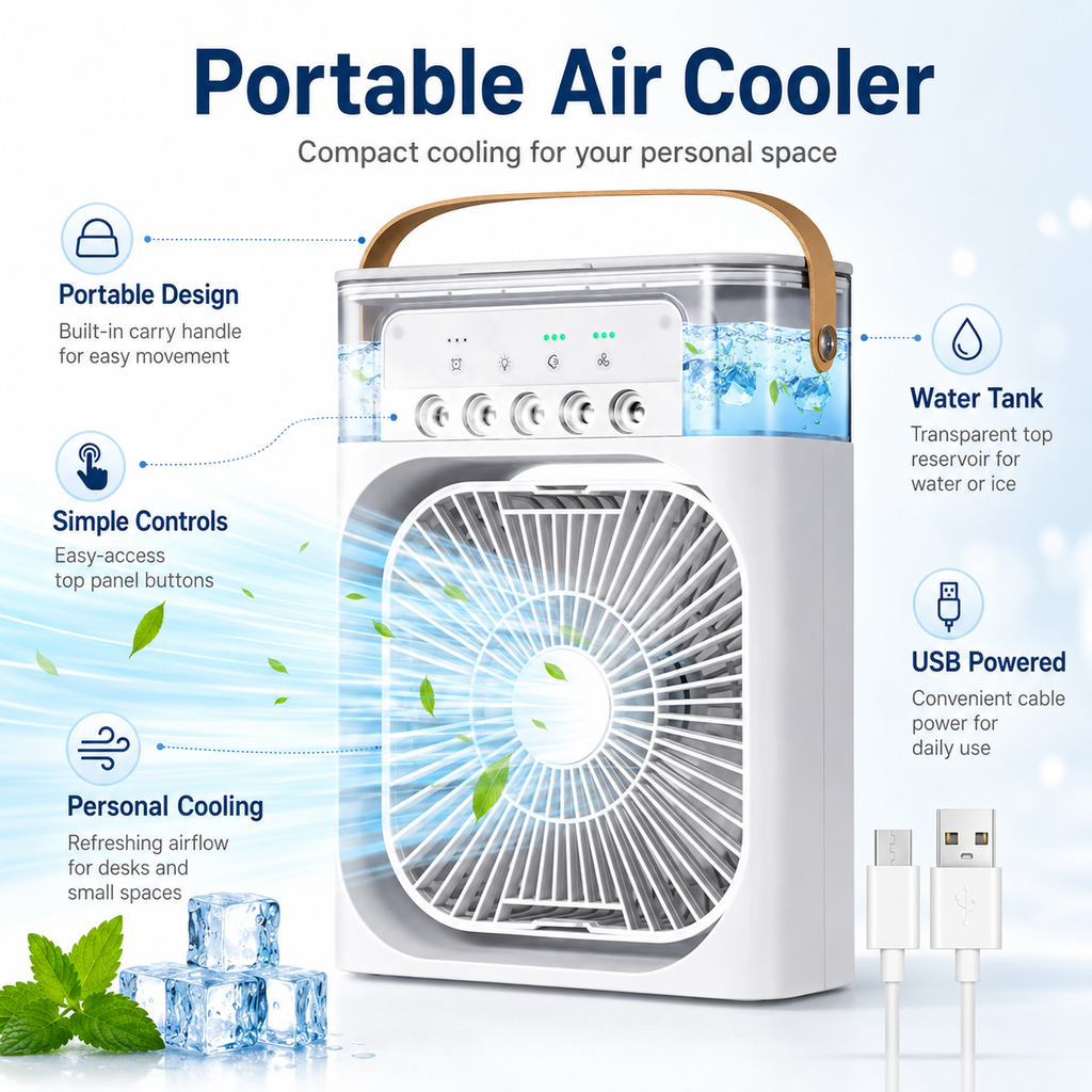 Portable Air Cooler Mini USB Personal Fan with Water Tank, Compact Desktop Cooling Fan for Bedroom, Office, Study Table & Travel