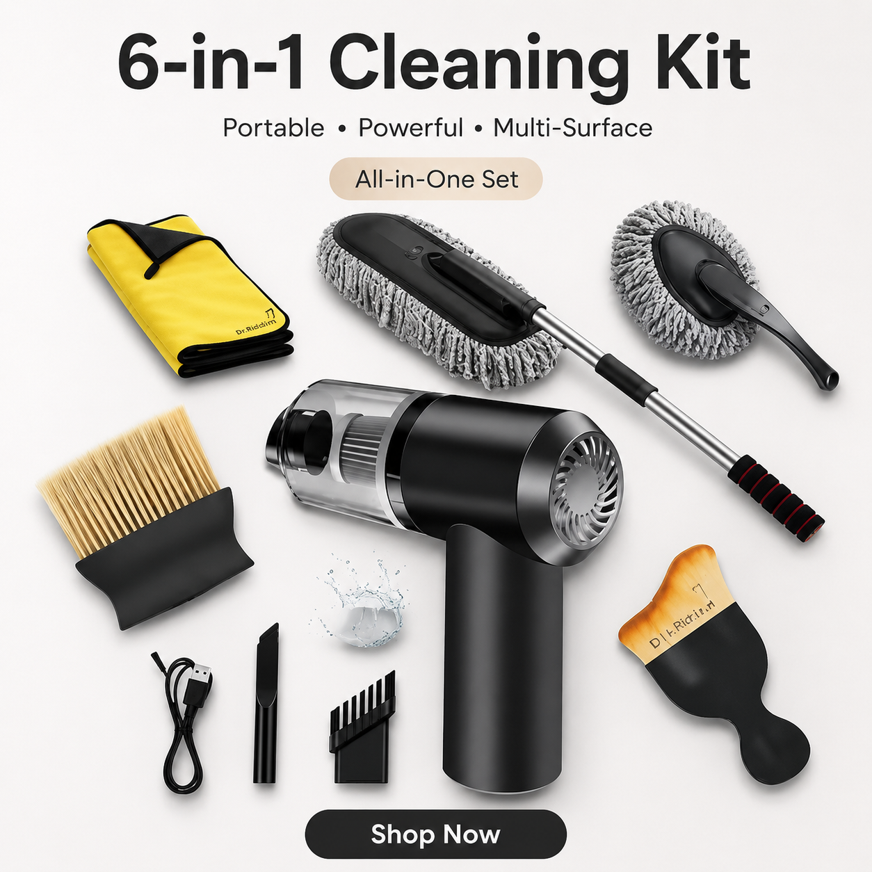 6-in-1 Cleaning Kit for Car, Home & Office | Portable Handheld Cleaning Tool Set with Microfiber Cloth, Detail Brush, Mop Head & Duster Attachments