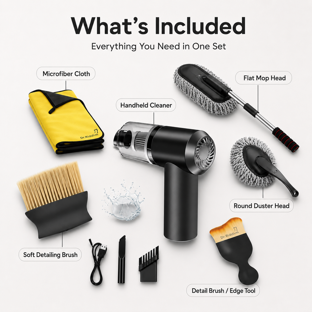 6-in-1 Cleaning Kit for Car, Home & Office | Portable Handheld Cleaning Tool Set with Microfiber Cloth, Detail Brush, Mop Head & Duster Attachments