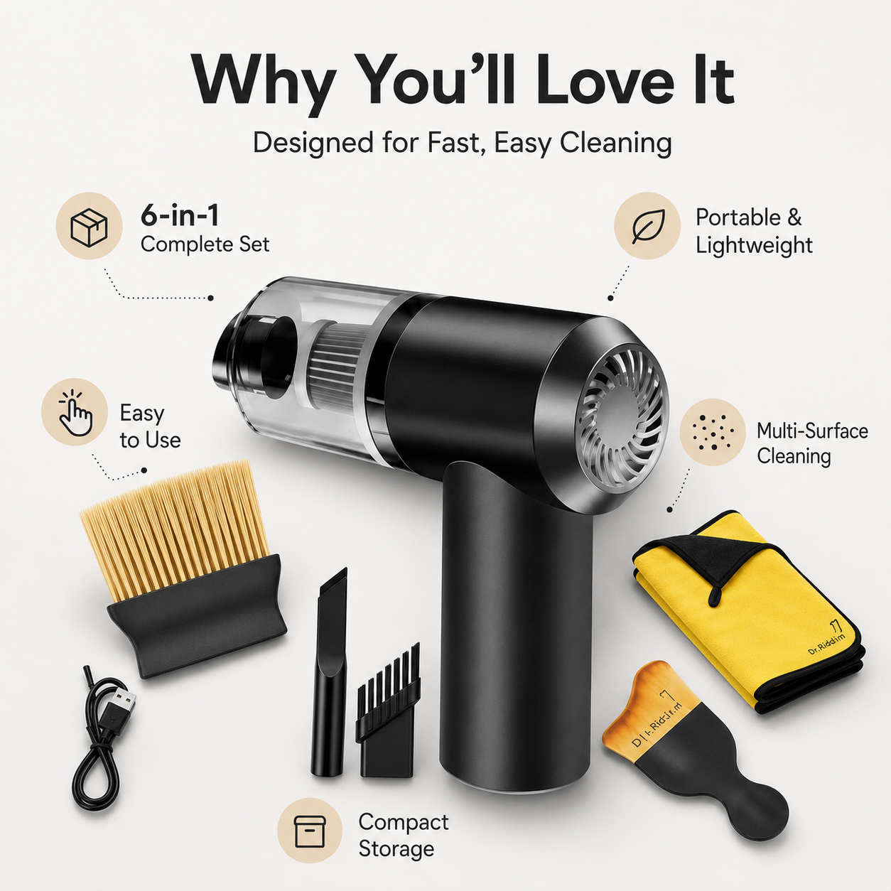 6-in-1 Cleaning Kit for Car, Home & Office | Portable Handheld Cleaning Tool Set with Microfiber Cloth, Detail Brush, Mop Head & Duster Attachments