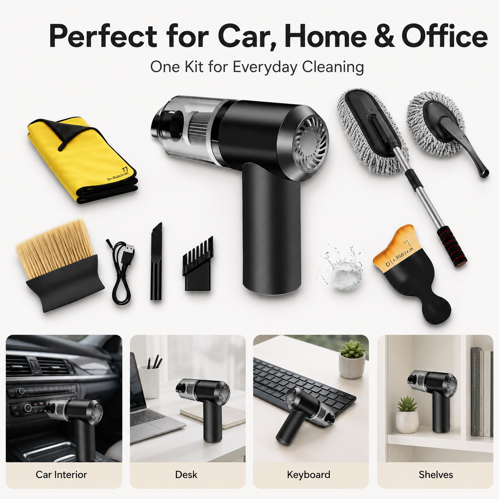 6-in-1 Cleaning Kit for Car, Home & Office | Portable Handheld Cleaning Tool Set with Microfiber Cloth, Detail Brush, Mop Head & Duster Attachments