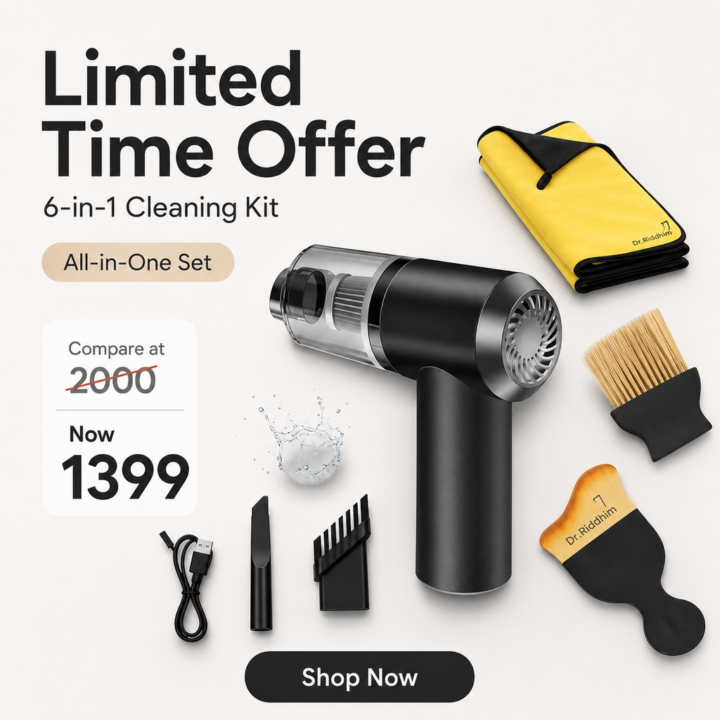 6-in-1 Cleaning Kit for Car, Home & Office | Portable Handheld Cleaning Tool Set with Microfiber Cloth, Detail Brush, Mop Head & Duster Attachments