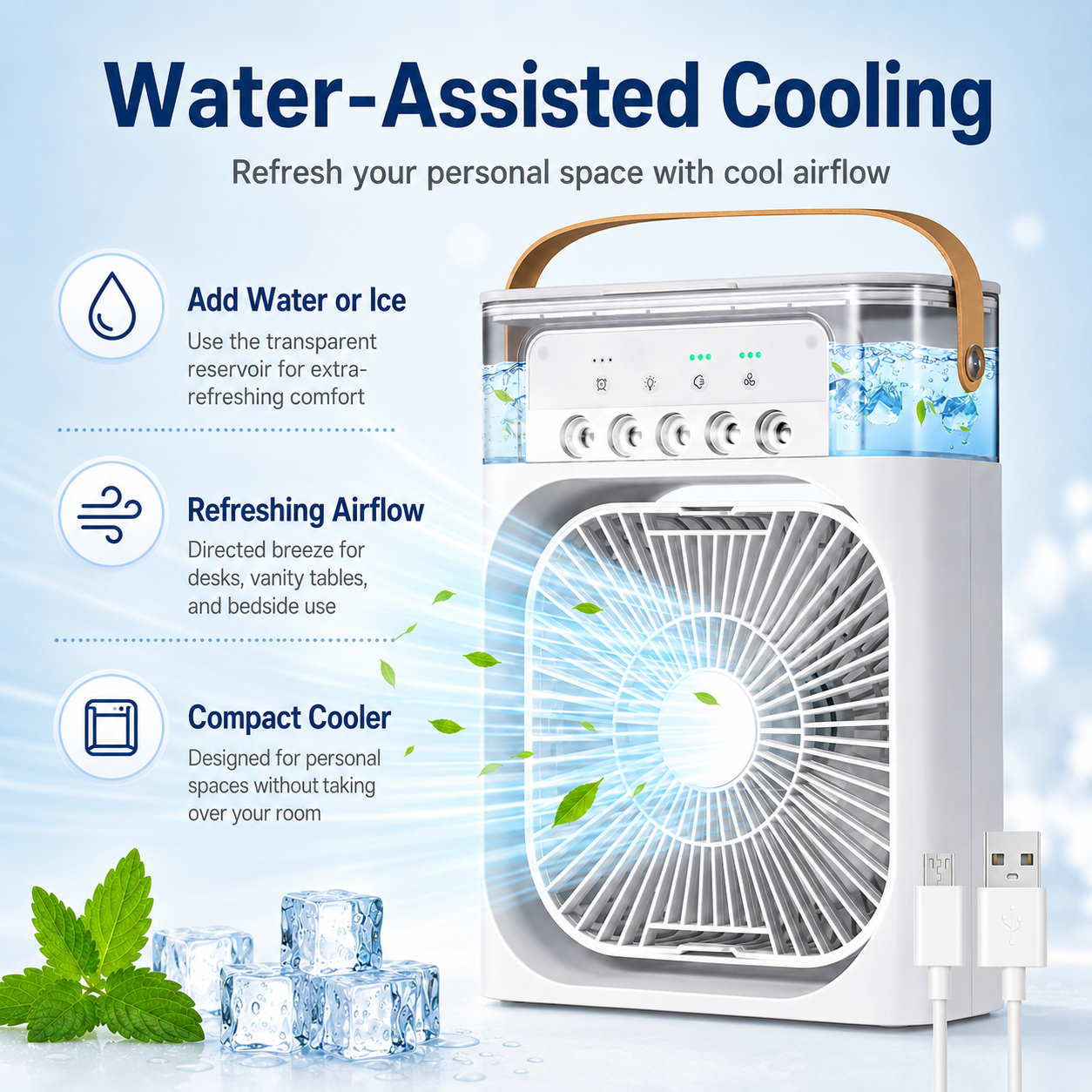 Portable Air Cooler Mini USB Personal Fan with Water Tank, Compact Desktop Cooling Fan for Bedroom, Office, Study Table & Travel