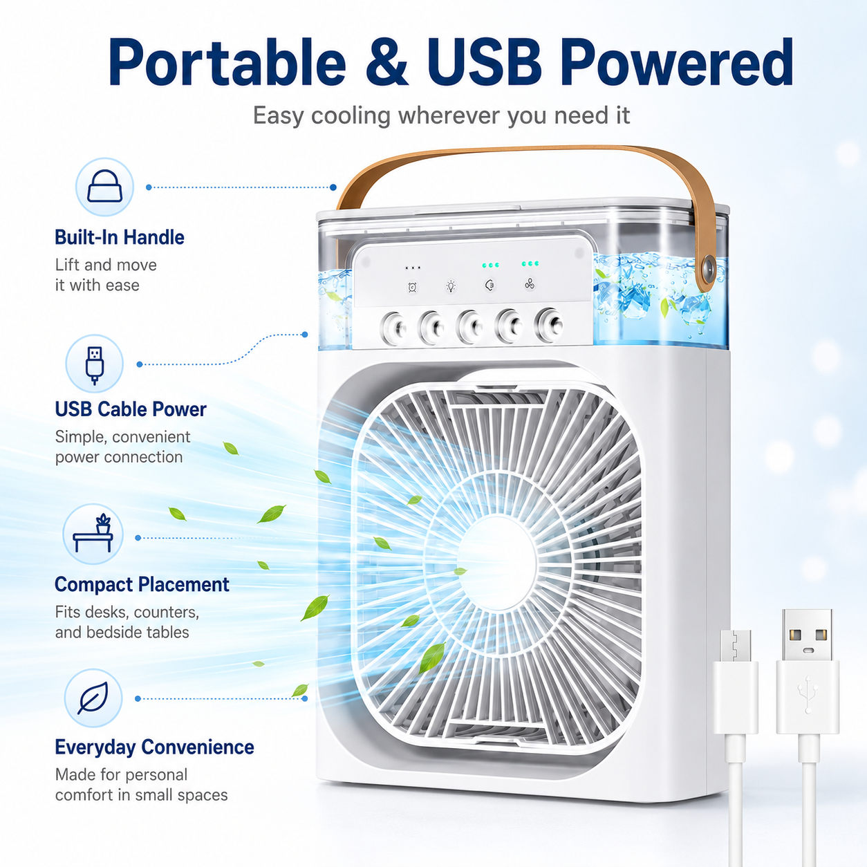 Portable Air Cooler Mini USB Personal Fan with Water Tank, Compact Desktop Cooling Fan for Bedroom, Office, Study Table & Travel