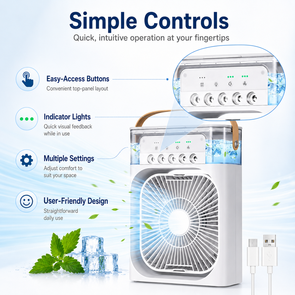 Portable Air Cooler Mini USB Personal Fan with Water Tank, Compact Desktop Cooling Fan for Bedroom, Office, Study Table & Travel