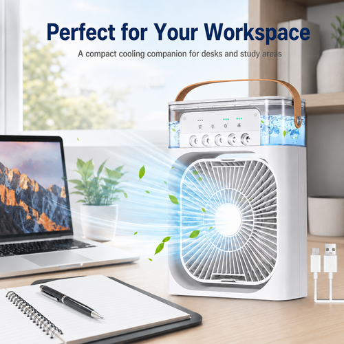 Portable Air Cooler Mini USB Personal Fan with Water Tank, Compact Desktop Cooling Fan for Bedroom, Office, Study Table & Travel