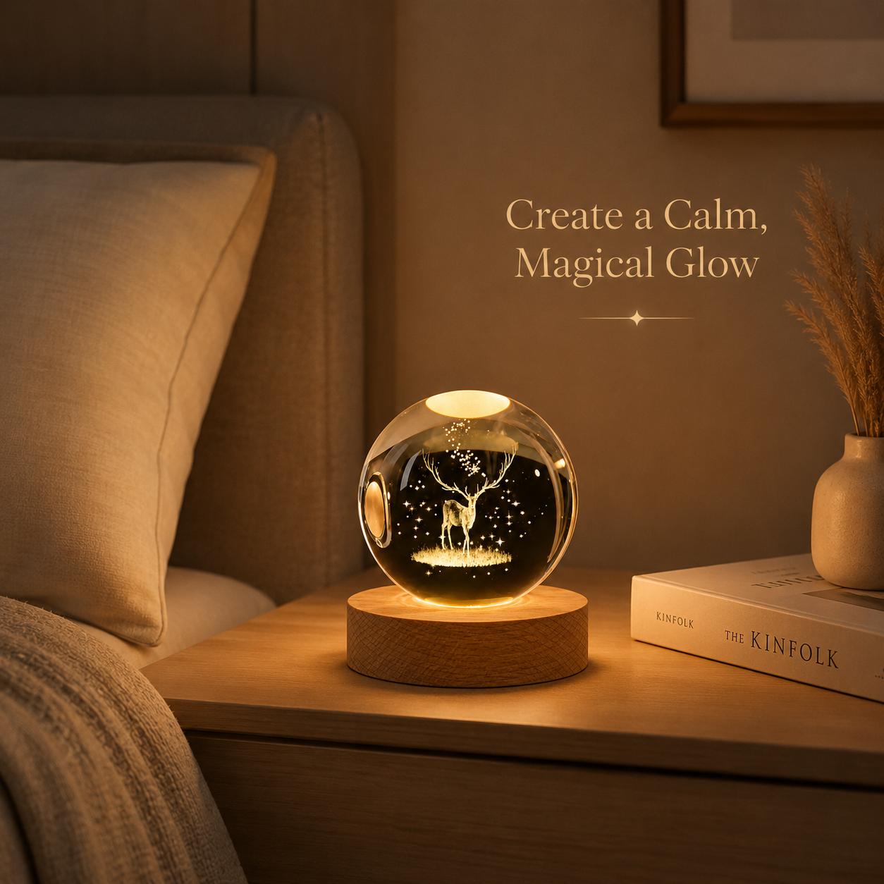 Crystal Deer Lamp with 3D Engraving | Warm LED Night Light with Wooden Base | Perfect Gift for Bedroom, Home Decor & Loved Ones