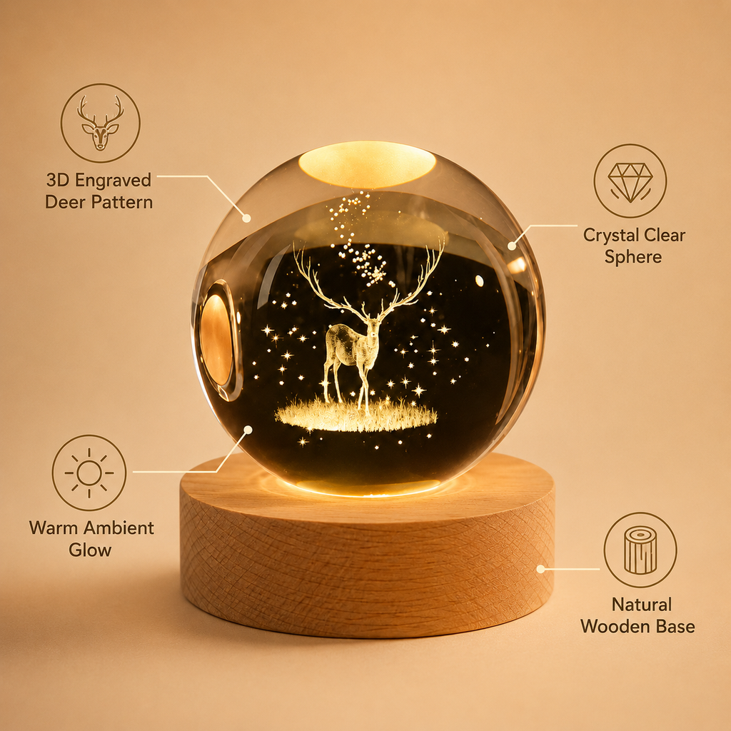 Crystal Deer Lamp with 3D Engraving | Warm LED Night Light with Wooden Base | Perfect Gift for Bedroom, Home Decor & Loved Ones
