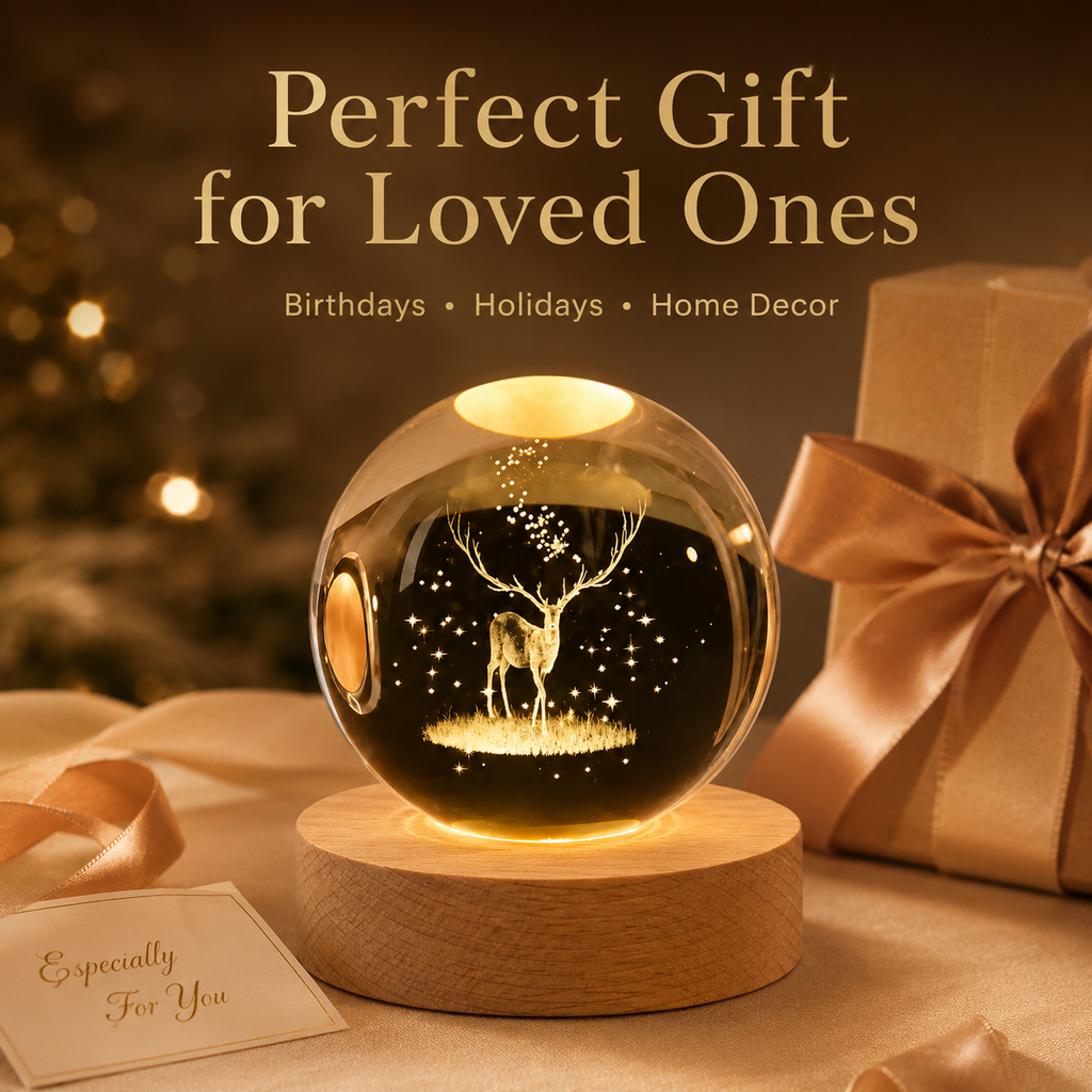 Crystal Deer Lamp with 3D Engraving | Warm LED Night Light with Wooden Base | Perfect Gift for Bedroom, Home Decor & Loved Ones