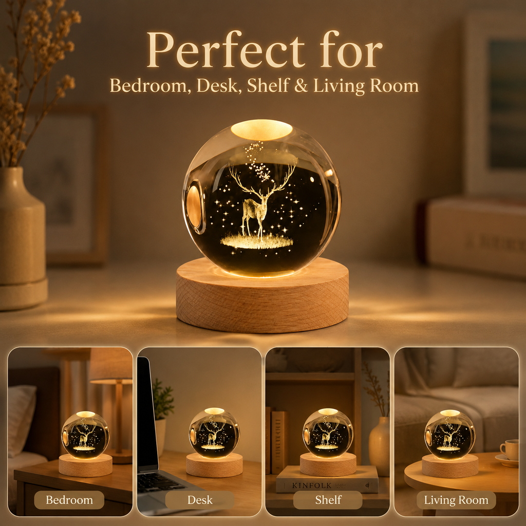 Crystal Deer Lamp with 3D Engraving | Warm LED Night Light with Wooden Base | Perfect Gift for Bedroom, Home Decor & Loved Ones