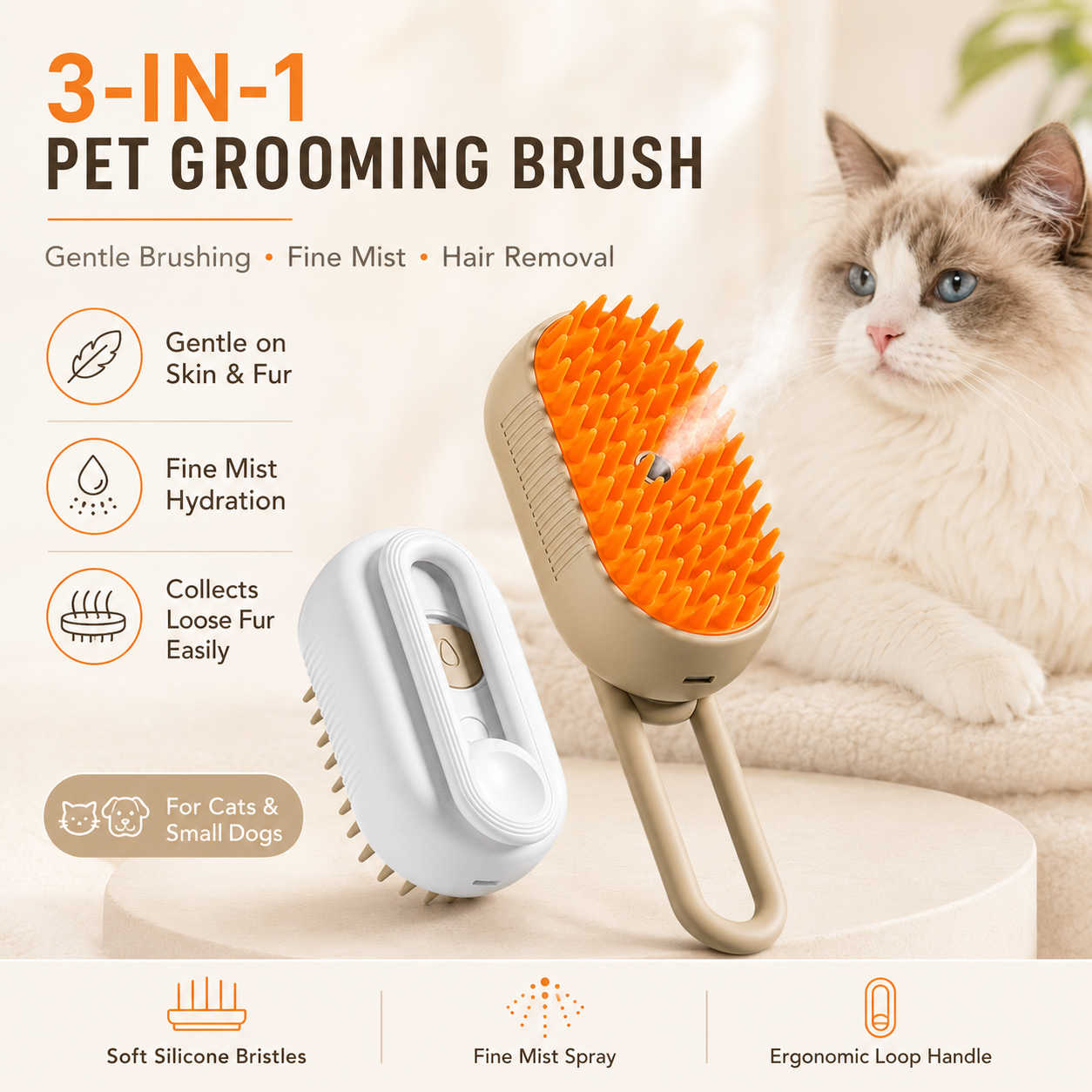 ZUVIFY 3-in-1 Pet Grooming Brush with Fine Mist Spray, Soft Silicone Bristles & USB-C Charging – Hair Removal Brush for Cats and Small Dogs
