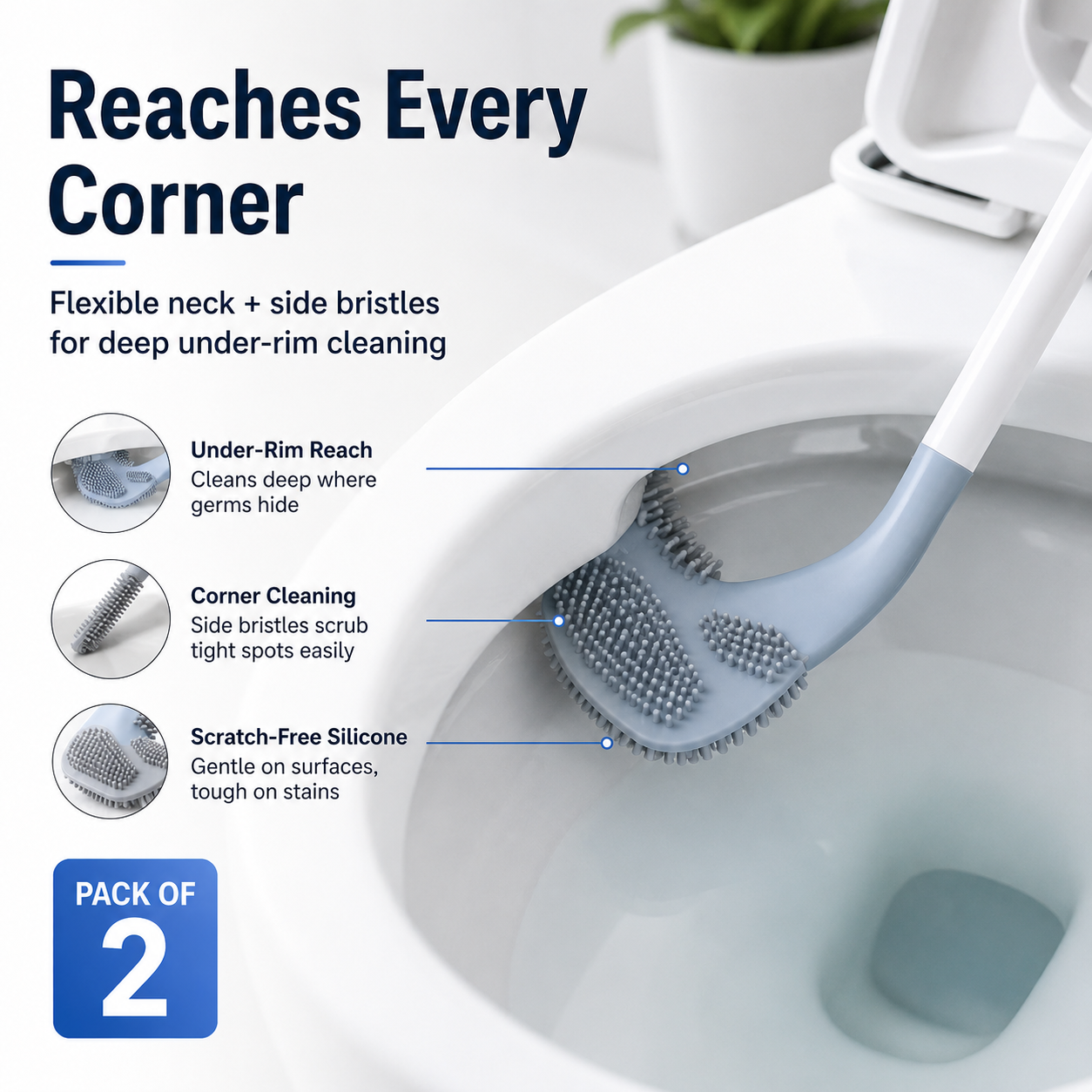 Golf Brush Toilet Brush Pack of 2 – 360° Silicone Toilet Cleaning Brush with Flexible Head, Deep Cleaning Bristles, Quick Dry Bathroom Cleaner Brush
