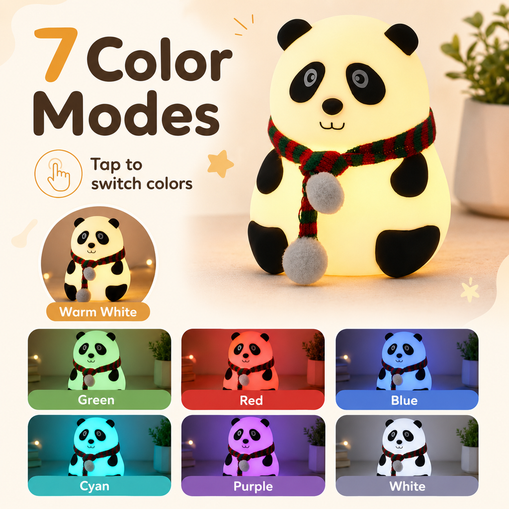 Cute Panda Night Light for Kids | USB Rechargeable Silicone Bedside Lamp with 7 Color Modes & Tap Control