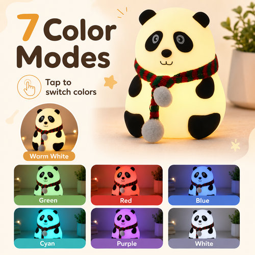 Cute Panda Night Light for Kids | USB Rechargeable Silicone Bedside Lamp with 7 Color Modes & Tap Control