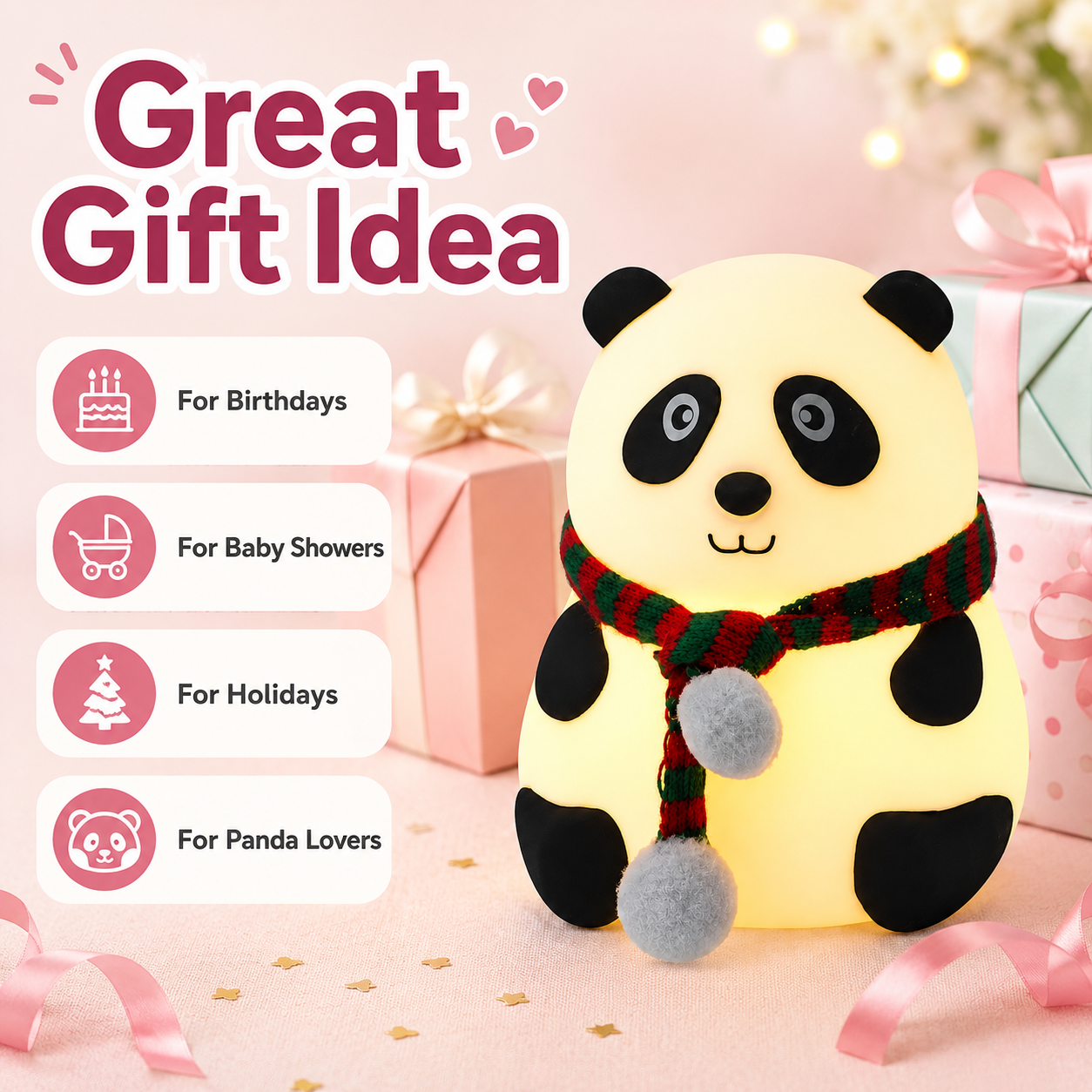 Cute Panda Night Light for Kids | USB Rechargeable Silicone Bedside Lamp with 7 Color Modes & Tap Control