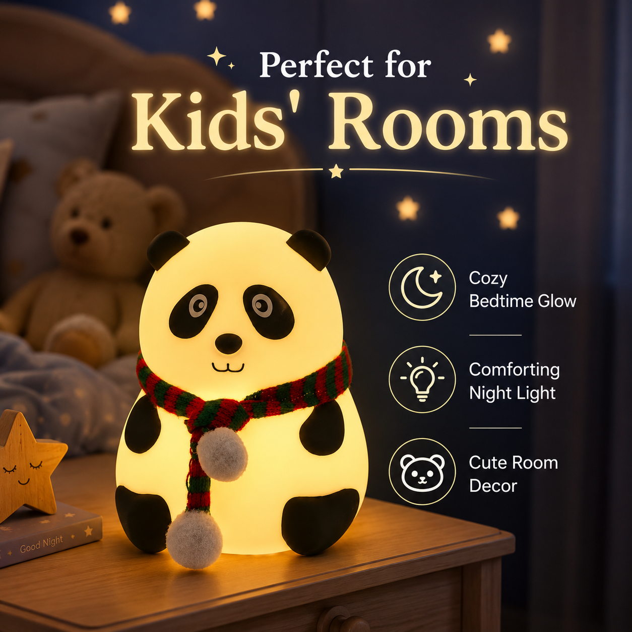 Cute Panda Night Light for Kids | USB Rechargeable Silicone Bedside Lamp with 7 Color Modes & Tap Control