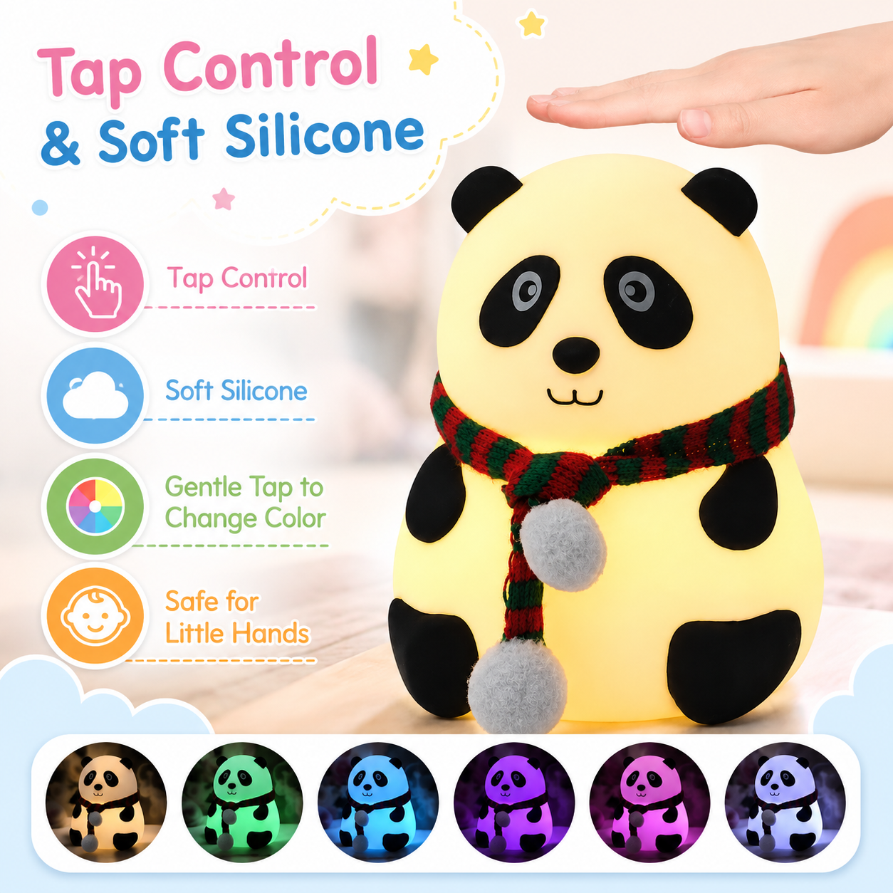 Cute Panda Night Light for Kids | USB Rechargeable Silicone Bedside Lamp with 7 Color Modes & Tap Control