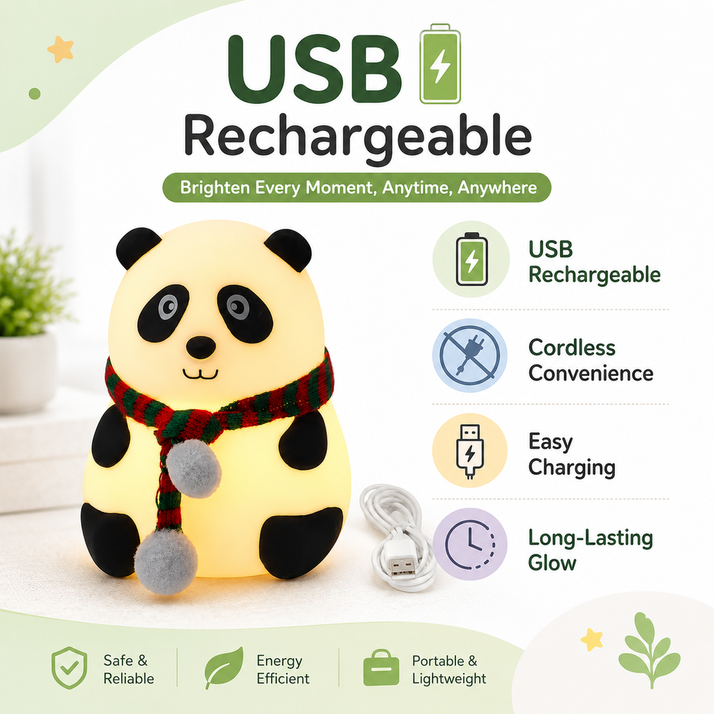 Cute Panda Night Light for Kids | USB Rechargeable Silicone Bedside Lamp with 7 Color Modes & Tap Control